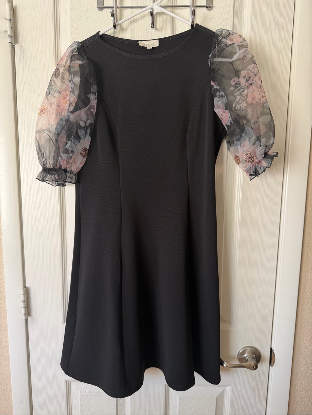 Chenault Black Midi Dress with Sheer Floral Puff Sleeves